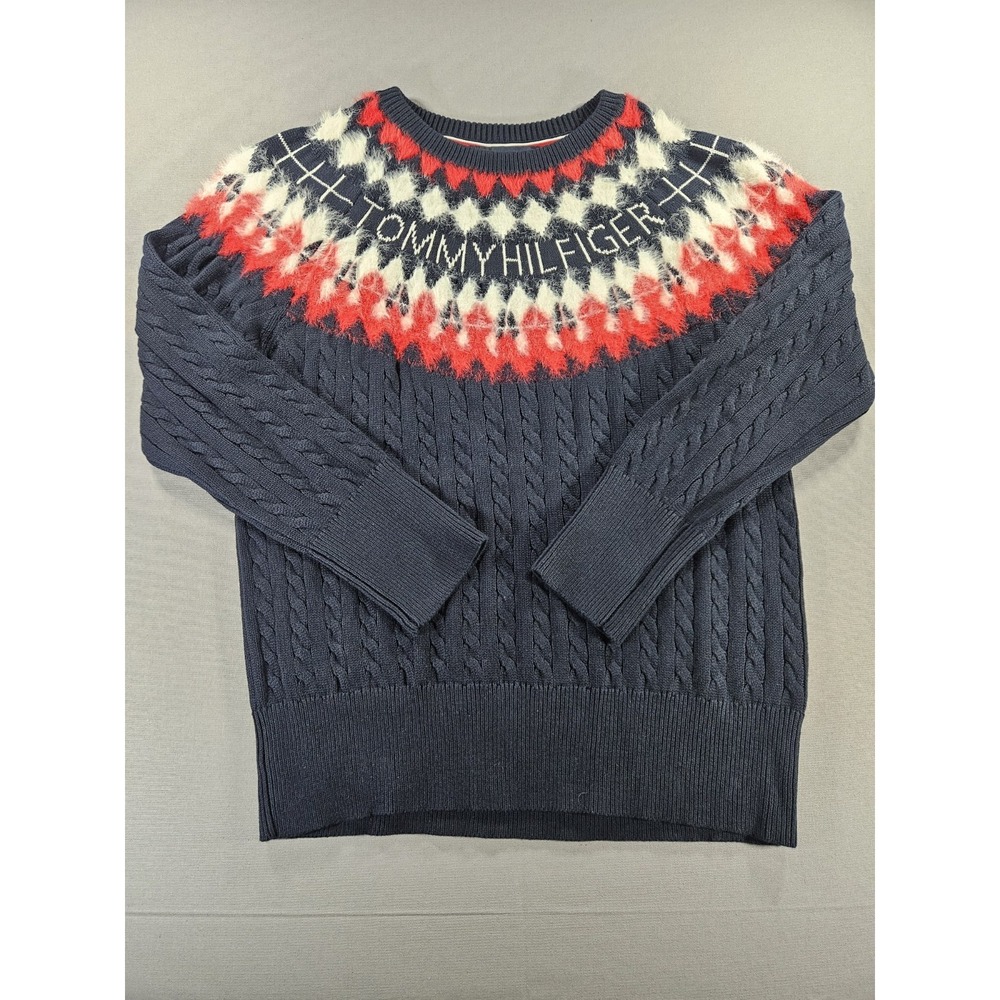 Tommy Hilfiger Fair Isle Cable Knit Sweater Women Large Navy Red White J9JSH460